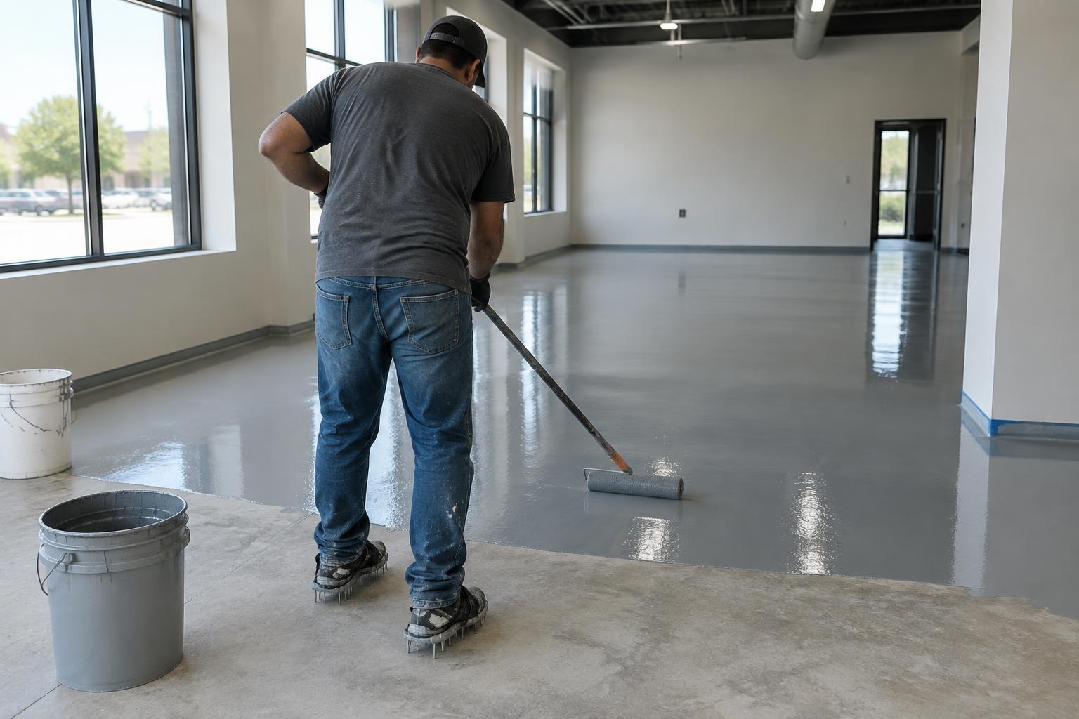Epoxy coating being spread across a concrete floor