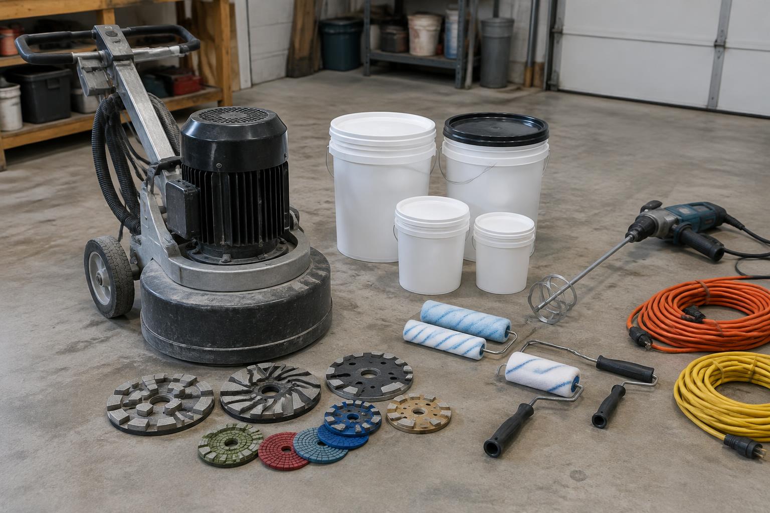 Floor grinder, diamond tooling and coating supplies on a concrete floor