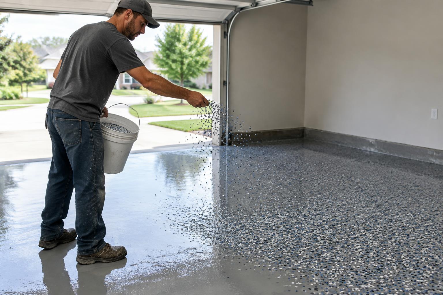 Flake chips broadcast onto a wet epoxy base coat