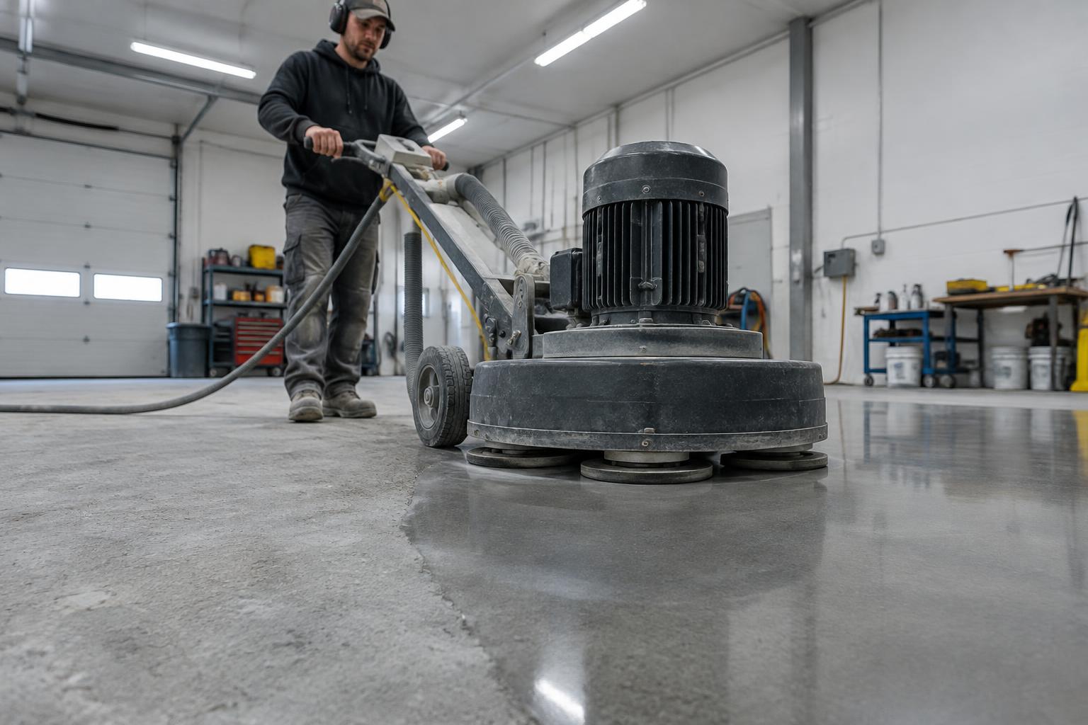 Concrete polishing machine working across a floor
