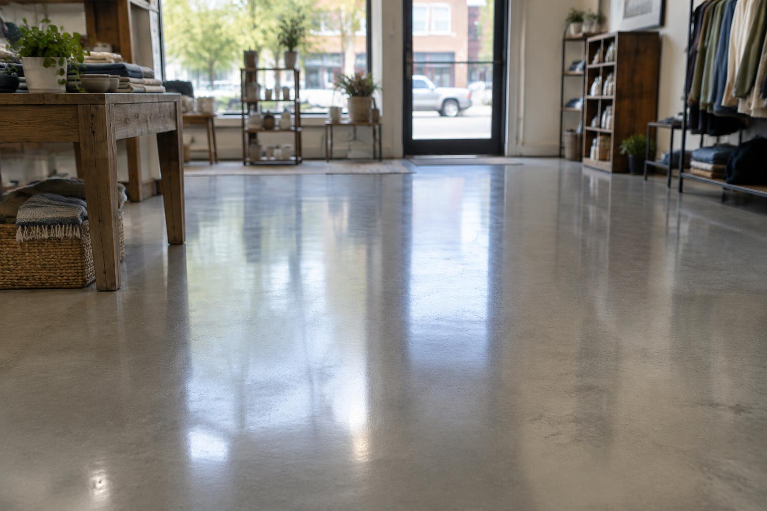 Glossy concrete floor in a bright showroom